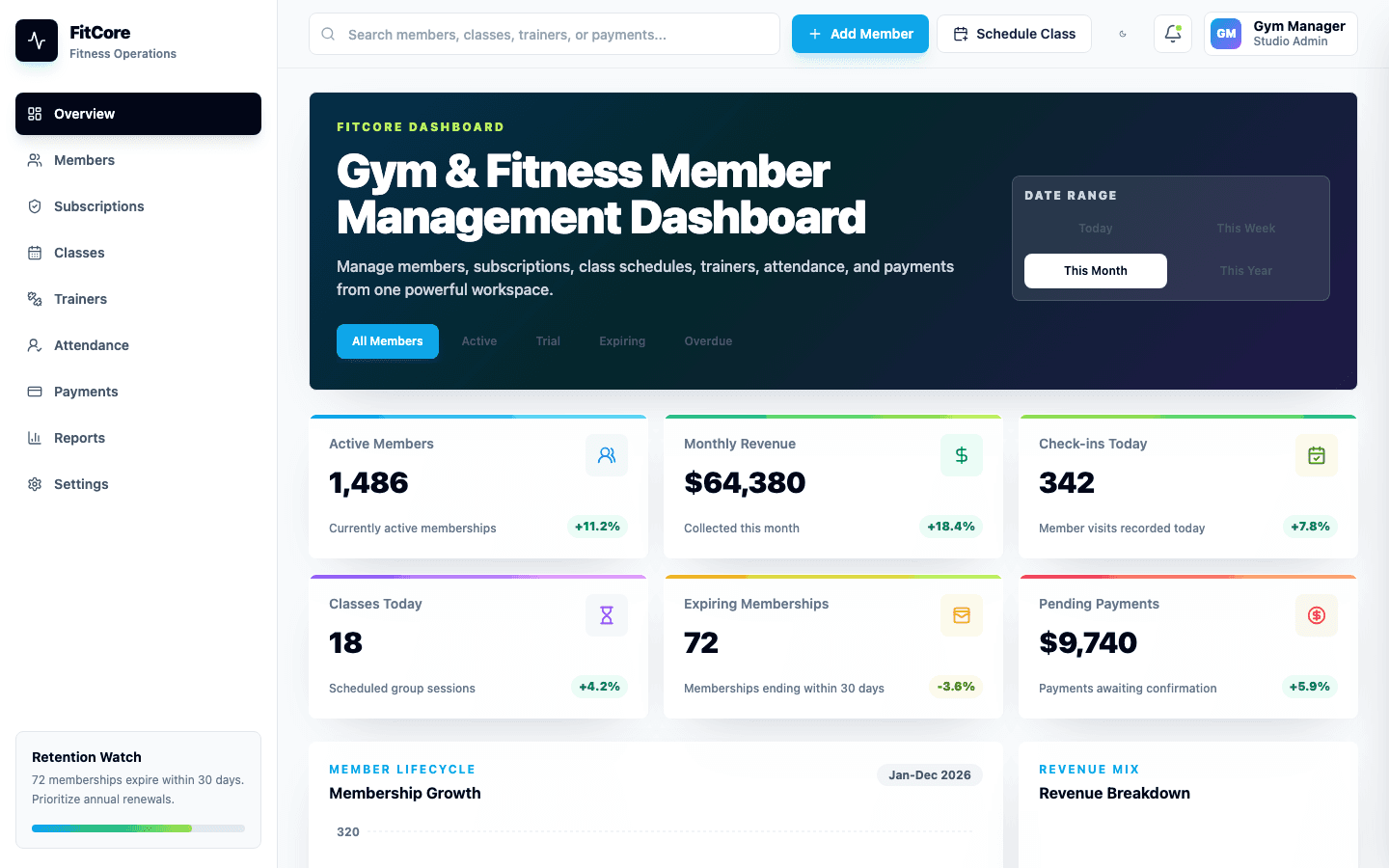 Gym & Fitness Member Management System live site preview