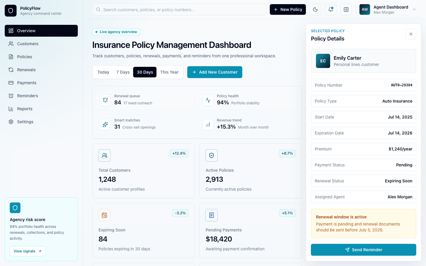 Insurance Policy Management Dashboard live site preview